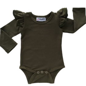 This Army Green Flutter Bodysuit / Onesie pairs wonderfully with our Skirts and Pinnys.The always popular long sleeve style is perfect for our Australian climate, protecting your little one's from the sun.  We've chosen a perfect blend of 95% cotton and 5% elastane because of it's durability, comfort and quality feel.
