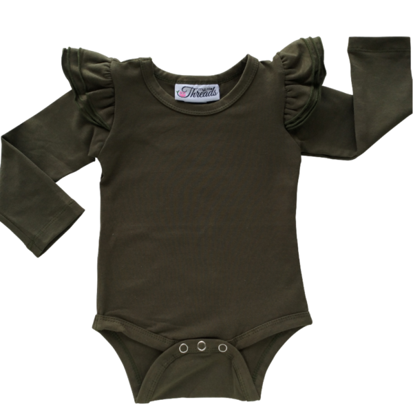 This Army Green Flutter Bodysuit / Onesie pairs wonderfully with our Skirts and Pinnys.The always popular long sleeve style is perfect for our Australian climate, protecting your little one's from the sun.  We've chosen a perfect blend of 95% cotton and 5% elastane because of it's durability, comfort and quality feel.