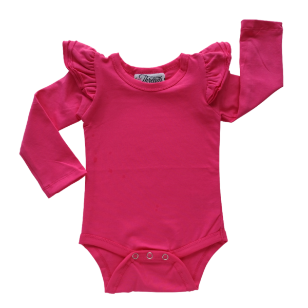 This Dark Pink Flutter Bodysuit / Onesie pairs wonderfully with our Skirts and Pinnys.The always popular long sleeve style is perfect for our Australian climate, protecting your little one's from the sun.  We've chosen a perfect blend of 95% cotton and 5% elastane because of it's durability, comfort and quality feel.
