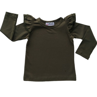 This Army Green Long Sleeve Flutter Top pairs wonderfully with our Skirts and Pinnys.The always popular long sleeve style is perfect for our Australian climate, protecting your little one's from the sun.  We've chosen a perfect blend of 95% cotton and 5% elastane because of it's durability, comfort and quality feel.