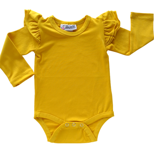 This Mustard Flutter Bodysuit / Onesie pairs wonderfully with our Skirts and Pinnys.The always popular long sleeve style is perfect for our Australian climate, protecting your little one's from the sun.  We've chosen a perfect blend of 95% cotton and 5% elastane because of it's durability, comfort and quality feel.
