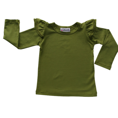 This Olive Long Sleeve Flutter Top pairs wonderfully with our Skirts and Pinnys.The always popular long sleeve style is perfect for our Australian climate, protecting your little one's from the sun.  We've chosen a perfect blend of 95% cotton and 5% elastane because of it's durability, comfort and quality feel.