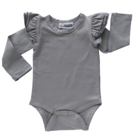 This Soft Grey Flutter Bodysuit / Onesie pairs wonderfully with our Skirts and Pinnys.The always popular long sleeve style is perfect for our Australian climate, protecting your little one's from the sun.  We've chosen a perfect blend of 95% cotton and 5% elastane because of it's durability, comfort and quality feel.